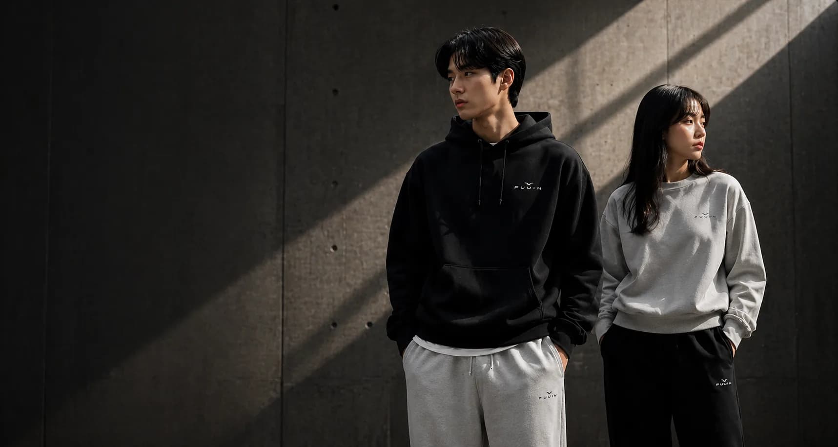 FUUIN model wearing sweatpants